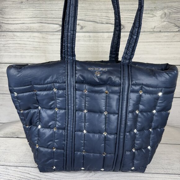 Michael Kors Navy Puffer Studded Tote Bag Carry On Recycled Nylon